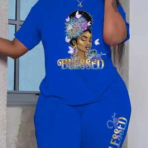 Blessed Girl Print 2 Pieces Set, Crew Neck Short Sleeve T-shirt & Bodycon Shorts Outfits, Women's Clothing