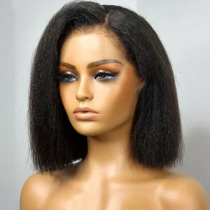 Kinky Straight Human Hair Wigs 10 Inch Yaki Straight Bob Wig 100% Human Hair Lace Front Wigs 150% Density 4X4 Lace Front Wigs Pre Plucked With Baby Hair
