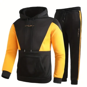Men's Color Block Pullover Hooded Sweatshirt Casual Outfit Set, 2 Pieces Long Sleeve Hoodies And Drawstring Sweatpants
