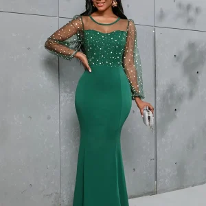 Round Neck Mesh Stitching Dress, Elegant Slim Long Sleeve Waist Long Dresses, Women's Clothing