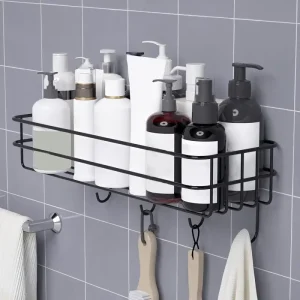 1pc Storage Rack With Hooks For Kitchen Bathroom Bedroom Office, Wrought Iron Bathroom Shelf, Punch Free Hanging Shelf, Organizer Stuff