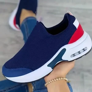 Women's Colorblock Flying Woven Sneakers, Slip On Low-top Round Toe Non-slip Breathable Trainers, Casual Outdoor Shoes
