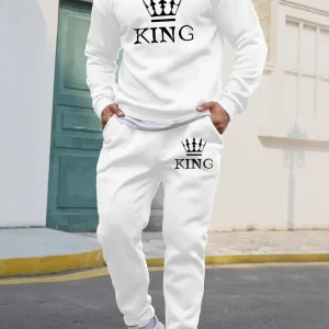 2pcs Men's King Crown Print Pullover Sweatshirt & Pants, For Spring Fall