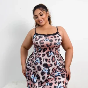 Plus Size Sexy Lingerie Dress, Women's Plus Leopard & Butterfly Print Contrast Lace Split Side Slips With Free Thong
