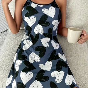 Heart Print Slip Lounge Dresses, Crew Neck Lettuce Trim Home Dress, Women's Loungewear & Dresses
