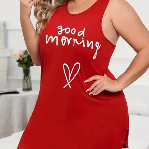 Plus Size Casual Loungewear Dress, Women's Plus Heart & Slogan Print Round Neck Curved Hem Tank Sleep Dress