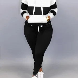 Plus Size Casual Outfits Two Piece Set, Women's Plus Colorblock Stripe Print Long Sleeve Drawstring Hoodie Sweatshirt & Joggers Outfits 2 Piece Set