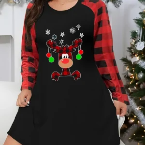 Plus Size Christmas Cute Lounge Dress, Women's Plus Elk & Snowflake Graphic Plaid Raglan Sleeve Medium Stretch Nightdress