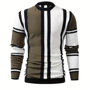 Color Block Design Chic Sweater, Men's Casual Warm High Stretch Crew Neck Pullover Sweater For Fall Winter