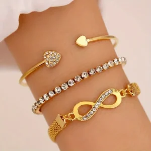 3pcs/Set Rhinestone Infinity Symbol Pendant Bracelet Niche Design Cuff Bangle 14K Gold Plated Jewelry