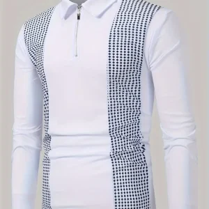 Polka Dot Print Men's Color Block Casual Long Sleeve Lapel Shirt, Spring Fall