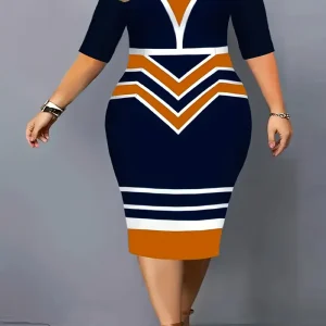Plus Size Casual Dress, Women's Plus Colorblock Stripe Print Half Sleeve Round Neck Split Hem Slight Stretch Slim Fit Midi Dress