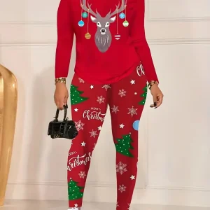 Christmas Graphic Print Casual Two-piece Set, Crew Neck Long Sleeve Tops & Slim Pants Outfits, Women's Clothing