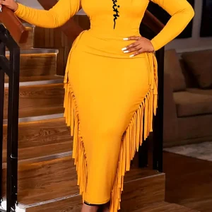 Plus Size Casual Dress, Women's Plus Letter Print Long Sleeve Round Neck Fringe Trim Medium Stretch Slim Fit Maxi Dress