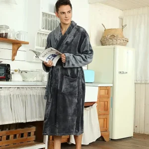 Men's Flannel Lapel Loose Soft Belt Bathrobe Long Sleeve Thick Thermal Loungewear For Indoor, Men's Comfortable Pajamas For Autumn Winter, Uniform Size Of S, M, L, XL, XXL