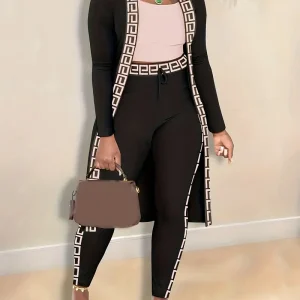Geo Print Casual Two-piece Set, Open Front Long Sleeve Cardigan & Drawstring Slim Pants Outfits, Women's Clothing