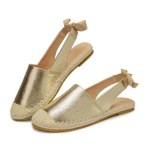 Women's Gold Color Espadrilles Flat Sandals, Closed Toe Back Bowknot Elastic Strap Slingback Shoes, Casual Outdoor Sandals