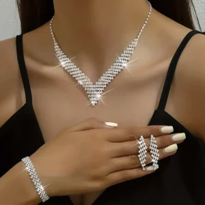 4pcs Earrings Necklace Plus Bracelet Elegant Jewelry Set Silver Plated Inlaid Rhinestone Dainty Evening Party Cocktail Party Decor