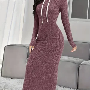 Hooded Knitted Lounge Dresses, Long Sleeve Elastic Home Dress, Women's Loungewear & Dresses