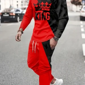 KING Pattern Men's 2Pcs Outfits, Casual Crew Neck Long Sleeve T-shirt And Drawstring Sweatpants Joggers Set For Summer, Men's Clothing