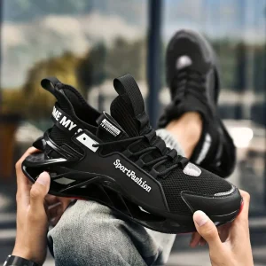 Men's Trendy Letter Print Breathable Mesh Lace-up Blade Sneakers, Casual Outdoor Shock Absorption Running Shoes