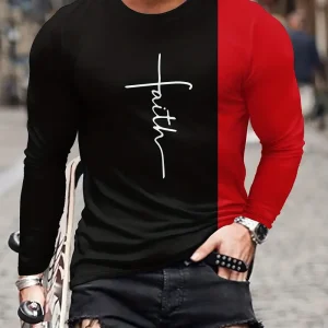 ''Faith'' Pattern, Men's Color Block Long Sleeve T-shirt, Casual Comfy Tees For Autumn, Mens Clothing