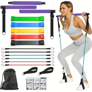 Portable Pilates Bar Kit With Resistance Bands For Men And Women - 6 Exercise Resistance Bands (15, 20, 30 LB) - Home Gym Equipment - Supports Full-Body Workouts