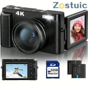 4K Digital Camera For Photography And Video Autofocus Anti-Shake, 48MP Vlogging Camera With SD Card, 3'' 180° Flip Screen Compact Camera With Flash, 16X Digital Zoom
