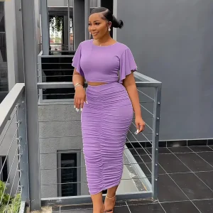 T-shirt & Bodycon Skirts Solid Two-piece Set, Flared Sleeve Crop T-shirt & Ruched Midi Skirts, Women's Clothing