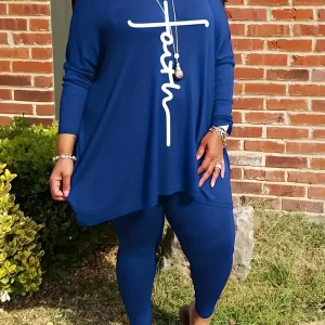 Plus Size Alphabet Print Outfit Set: Casual Long Sleeved Shirt & Bodycon Leggings, Unique & Stylish Crew Neck Knit Design