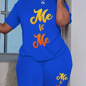 Plus Size Letter Print Two-piece Set, Crew Neck Short Sleeve Top & Skinny Shorts Outfits, Women's Plus Size Clothing