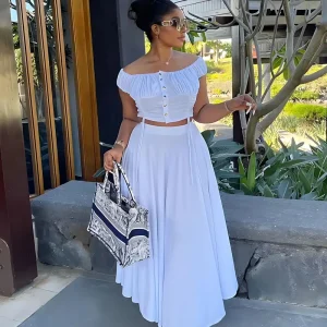 Chic Off-Shoulder Crop Top & Long Skirt Set - Women's Casual Solid Color 2-Piece Outfit with Button Front Design, Comfortable Fit - Suitable for Spring/Fall